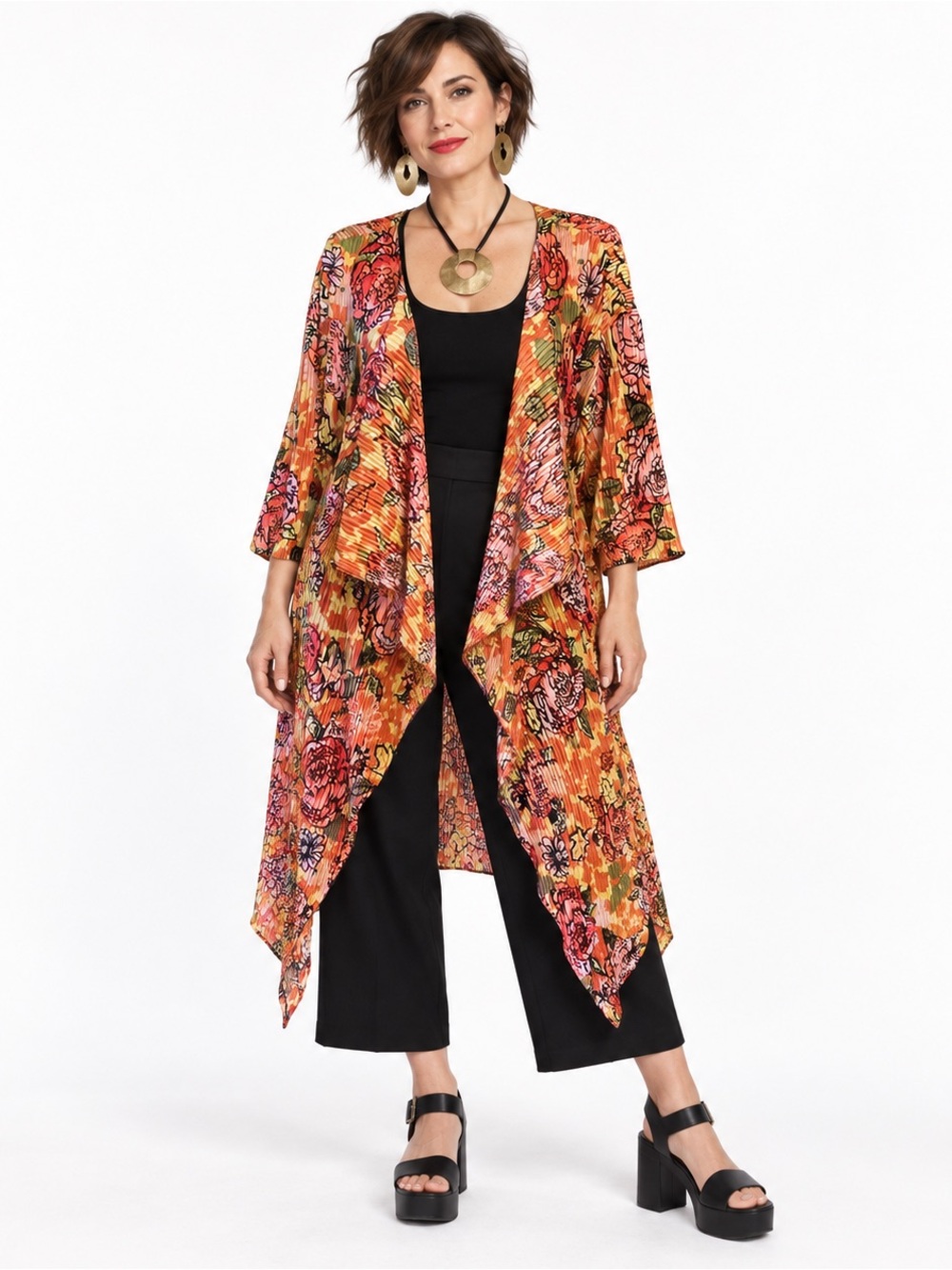 LuLaRoe Shirley Floral Accordion Pleated Kimono Duster Cardigan Medium Autumn